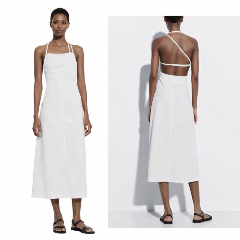 Chic ZARA Open Back Linen Blend Dress White Feminine A line Midi SIZE S